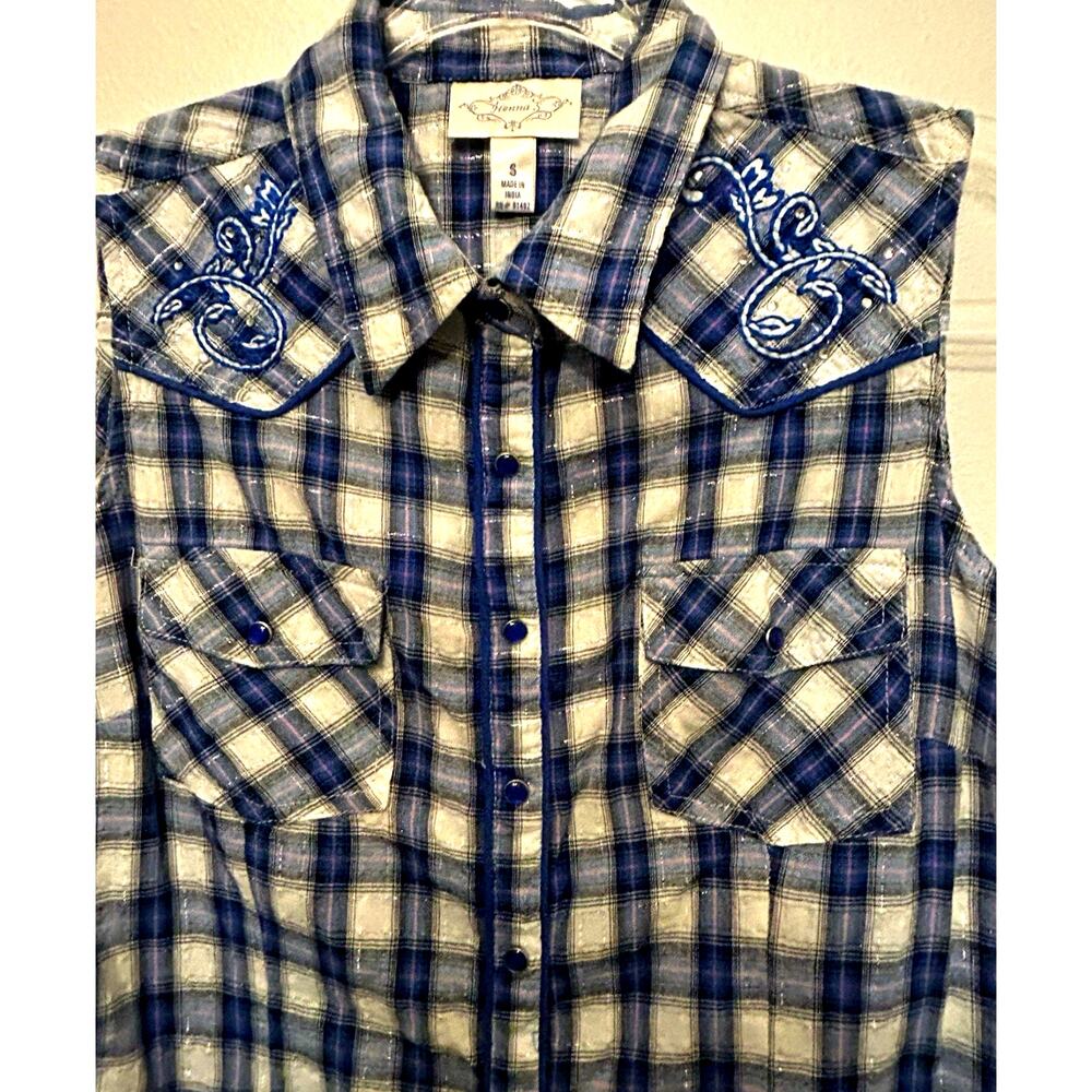 Women's plaid pearl snap western sleeveless SHIRT Embroidered Cowgirl rodeo S